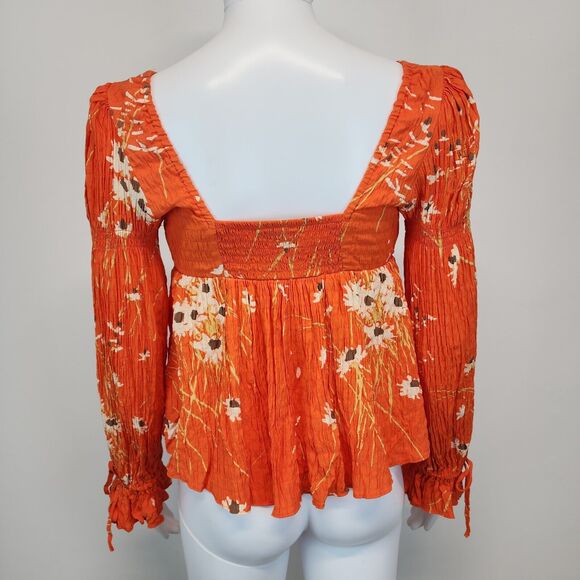 Urban Outfitters Floral Top Size XS Square Neck Orange Long Sleeve Smocked Y2K - Picture 2 of 16